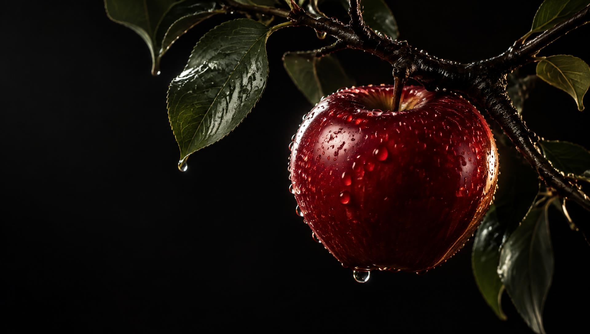 A flawless glistening red apple hanging from a dark twisted branch