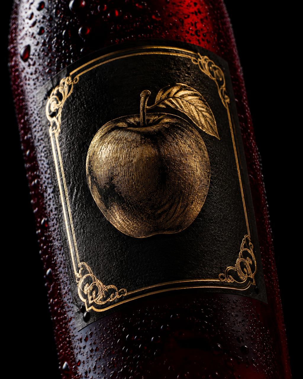 Close-up of a black label with an engraved antique-gold apple