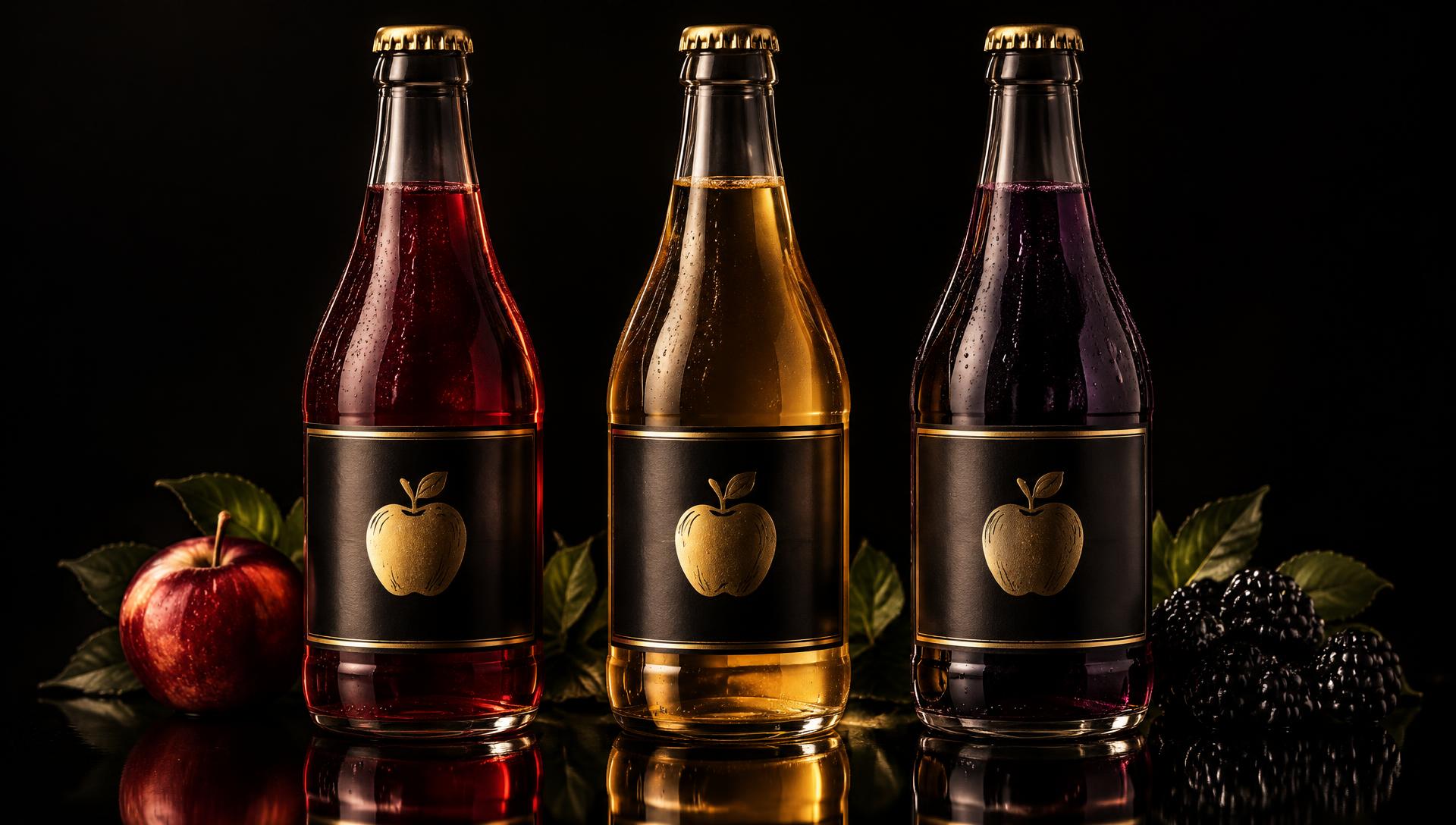 Three conceptual cider bottles: red, golden and dark berry, with black and gold labels