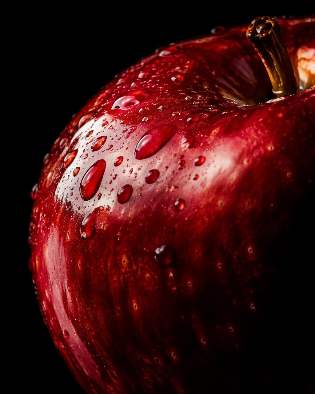 Macro of glossy red apple skin with droplets