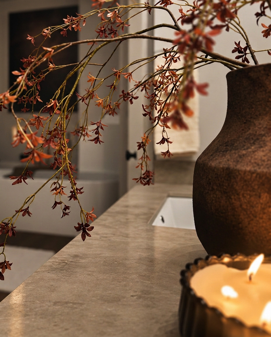 Bathroom detail with a sculptural vase, sweeping branches, and candlelight